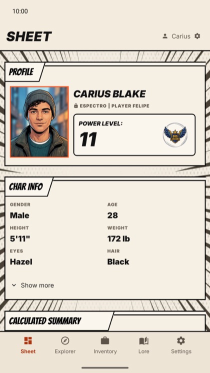 Sheditor showing the character sheet for Carius Blake, power level 11.