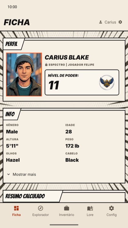 Sheditor mostrando a ficha de Carius Blake, nível de poder 11.